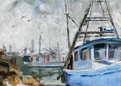Oil impressionistic painting of a harbor scene with a docked oyster boat by American Impressionist Society signature member Shelly Wierzba of Coastal Bend Texas.