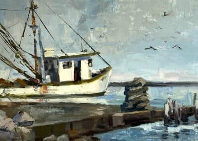 Oil painting of an oyster boat, backing in to unload the day's catch next to the Fulton Beach harbor on the gulf coast, by impressionist painter Shelly Wierzba of Coastal Bend Texas.