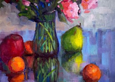 Oil still life of flowers in pinks and purples, with fruit and reflections, by Coastal Bend Texas artist, Shelly Wierzba.