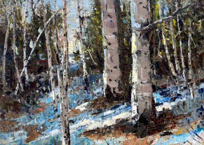 Oil painting by Shelly Wierzba Oregon landscape artist at end of winter in the high Cascade mountains. Light and snow.