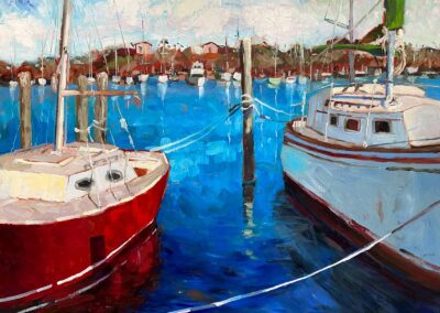 Oil impressionism painting of Rockport Harbor with red boat by Shelly Wierzba Texas artist.