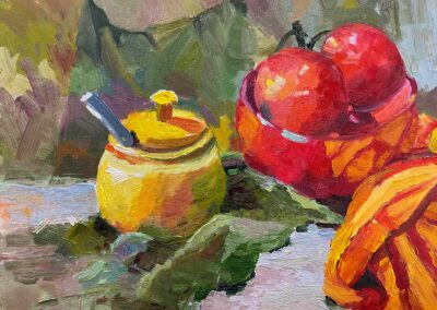 Oil still life painting in reds and yellows by Shelly Wierzba Oregon impressionist artist
