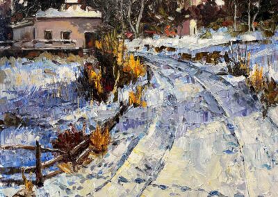Snowy road leading to old home with tracks in the snow by Shelly Wierzba American Impressionist