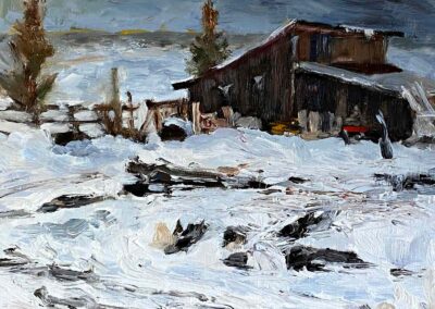 Oil snow scene painting of old barn at night with full moon by Oregon oil painter, Shelly Wierzba.