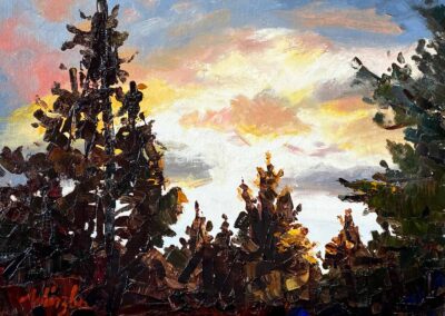 Sky at sunset with silhouetted trees in Oregon, by American impressionist, Shelly Wierzba