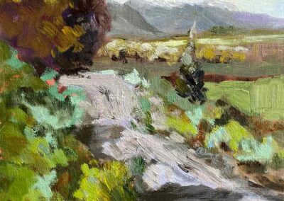 Impressionistic oil painting by Shelly Wierzba of a dirt road with distant ranch and fields in Southern Oregon.