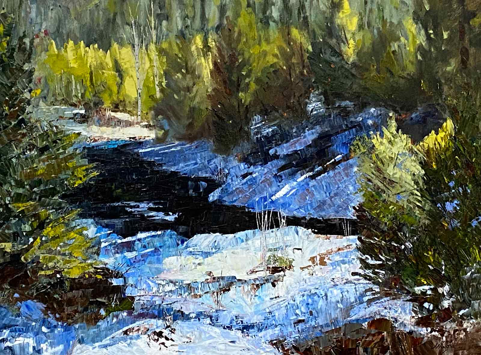 Oil painting of lit distant trees near the end of a winter day along the Tumalo Creek above Bend Oregon, by artist Shelly Wierzba.