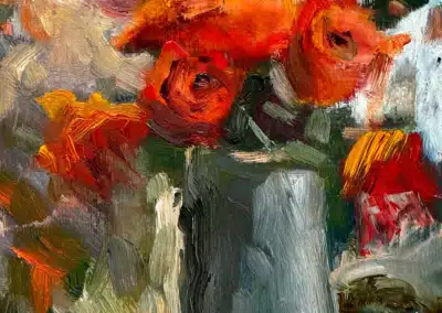 Red orange flowers in vase by Texas artist Shelly Wierzba