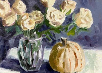 Oil impressionism painting of still life, white pumpkin and white roses, by American impressionist painter Shelly Wierzba of Rockport Texas.