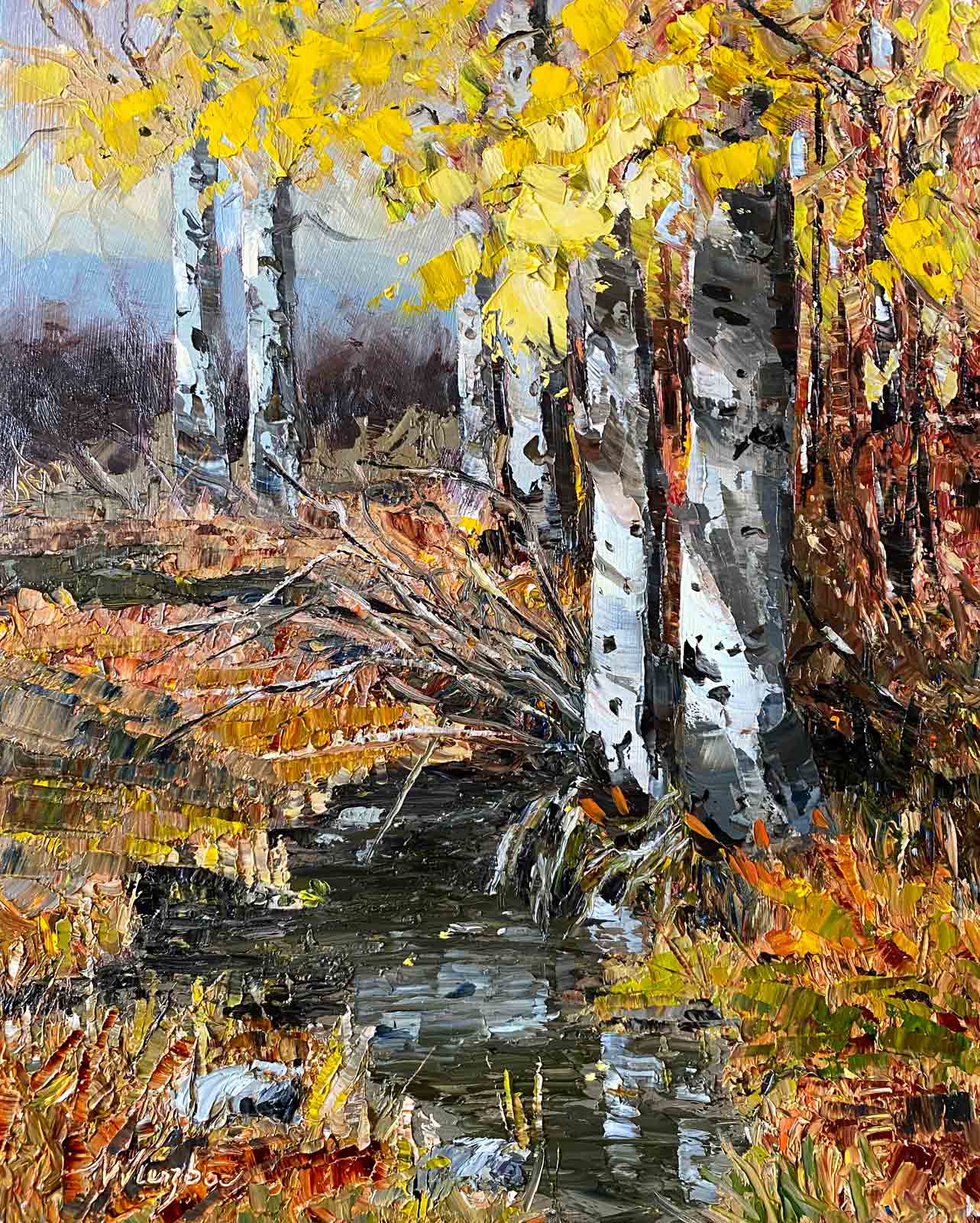 Aspens by Muddy Creek with Fall color by Shelly Wierzba, American Impressionist.