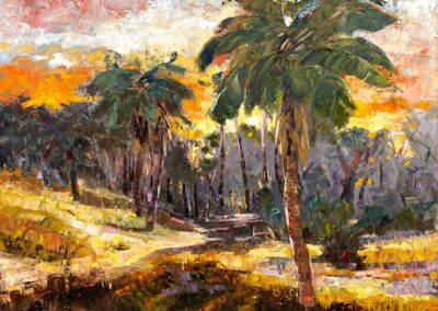 Impressionistic oil painting of set over rural area near Rockport Texas, with palm trees, and distant oaks. Painted by well know impressionist, Shelly Wierzba.