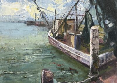 Oil painting of a working shrimp boat docked in Fulton Harbor, by artist Shelly Wierzba.