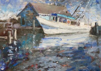 Oil impressionistic painting of Shrimp Boat in back of Moms Bait Shack in Rockport Harbor