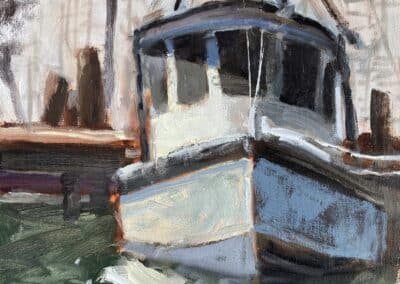 Oil impressionism painting of an old fishing boat tied at unloading dock in Rockport harbor. Artist, Shelly Wierzba.
