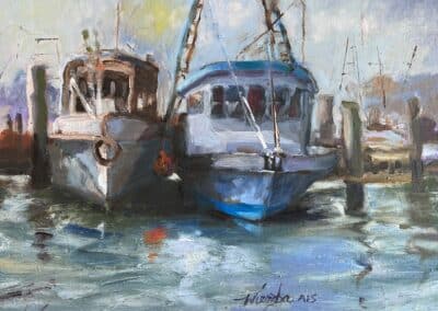Oil painting of two fishing boats snuggled side by side in Rockport Texas harbor. Artist Shelly Wierzba American signature impressionist.