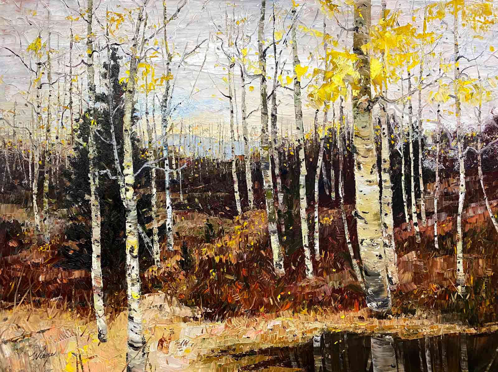 Late Fall oil painting of Aspen trees and their reflections.