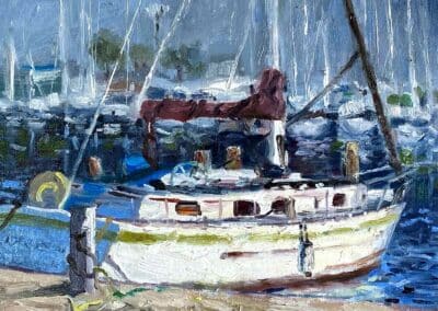Impressionistic painting in oil of a sail boat moored in the harbor with the morning light making it sparkle. The artist is the American impressionist, Shelly Wierzba of Rockport Texas.
