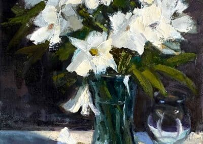 Impressionistic still life oil painting of white daisy flowers, by Texas American impressionist, Shelly Wierzba of the Coastal Bend, Texas.