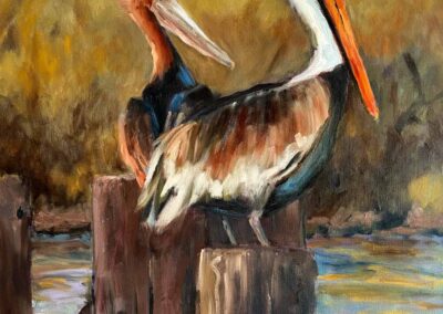 Painterly oil painting of two pelicans on posts thinking about breakfast, by Shelly Wierzba, artist.