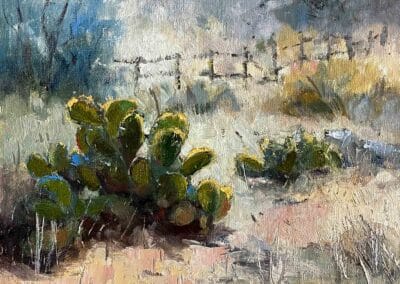 Backlit cactus painting with the sun illuminating the edges by impressionist painter Shelly Wierzba from Rockport Texas.