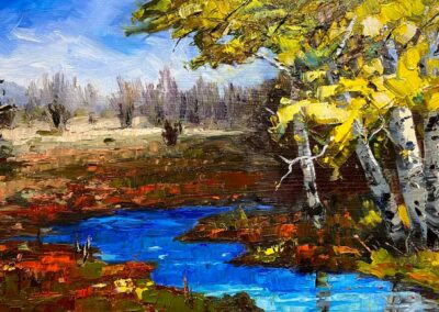 Aspen trees with forest fire remains in the background by Impressionist oil painter Shelly Wierzba.