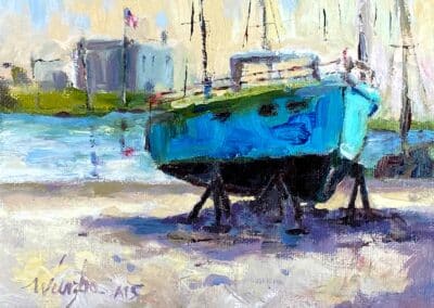 Oil painting of a boat dry docked for repair in the harbor by Coastal Bend impressionist artist Shelly Wierzba of Rockport Texas.