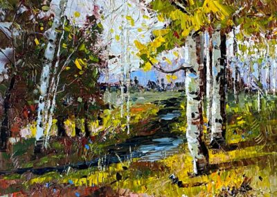 Impressionistic oil landscape painting of aspen trees and creek using thick paint with a lot of texture, by American impressionist painter, Shelly Wierzba.