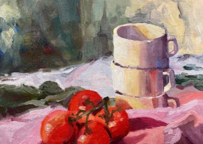 Oil still life of cups and tomatoes, impressionism, by Shelly Wierzba