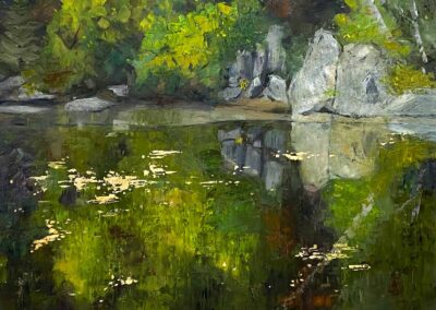 Impressionistic oil painting in greens of reflections on still water, by Texas impressionist artist, Shelly Wierzba