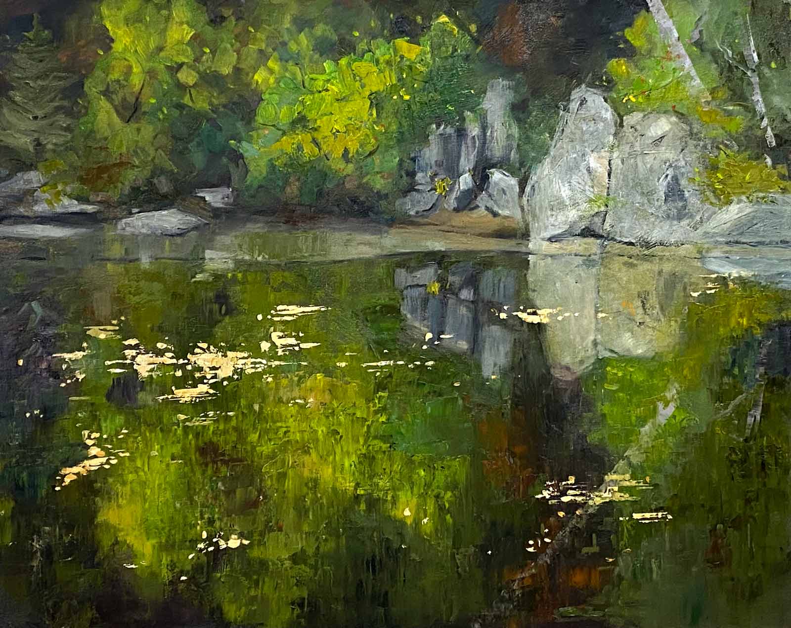 Impressionistic oil painting in greens of reflections on still water, by Texas impressionist artist, Shelly Wierzba