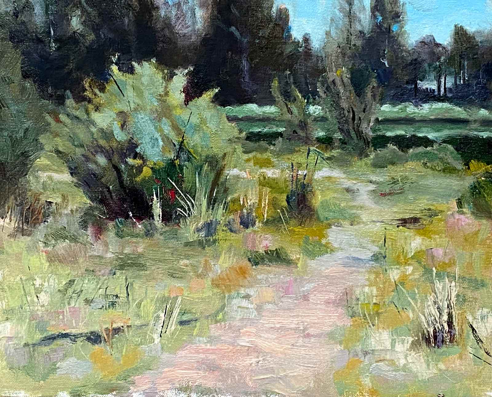 Oil impressionistic plein air painting along the Deschutes River in Oregon by American impressionist artist Shelly Wierzba.