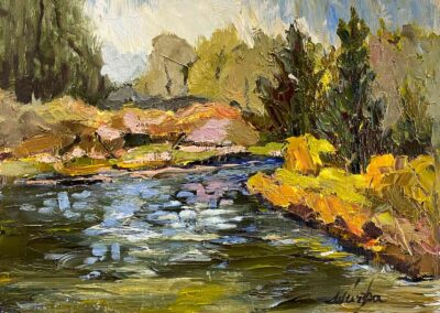 Oil painting of the Deschutes River through Central Oregon by Shelly Wierzba of Rockport Texas.