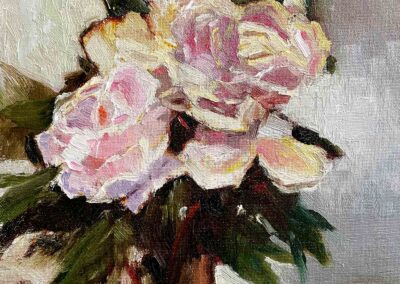 Still life of white and pink flowers in oil; impressionistic style, by Shelly Wierzba