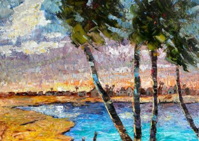 Oil painting by American impressionist, Shelly Wierzba, of palm trees blowing in the wind with water, buildings and sky in the background.