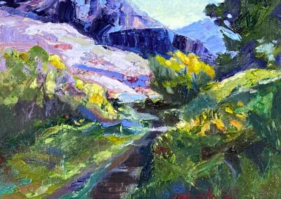 Impressionistic oil high desert landscape in greens and violates by Texas painter Shelly Wierzba.