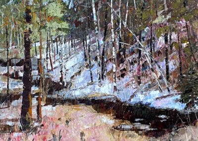 Impressionistic oil painting by Shelly Wierzba, Coastal Bend Texas painter, of trees, river, and snow, using palette knife and impasto techniques.