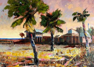 Impressionistic oil painting of a pinkish sunset with palm trees and homes on the gulf coast of Texas.