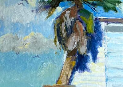 Impressionist oil painting by Shelly Wierzba of a palm tree at Conn Brown Harbor, Port Aransas.