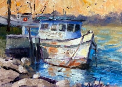 Old shrimp boat, rigging removed, tied up in Conn Brown Harbor, Aranass Pass, Texas, by impressionist artist Shelly Wierzba.