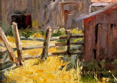 Oil painting with impressionistic style of old barn with three gables.