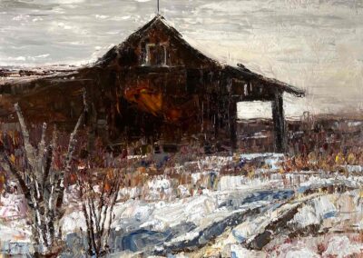 Impressionistic old barn oil painting in the snow on cloudy overcast day by Oregon landscape painter Shelly Wierzba