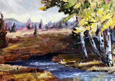 Impressionism. Landscape. Aspen trees in the fall by creek. Southern Oregon landscape. Artist Shelly Wierzba of Rockport Texas.