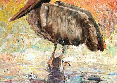 Oil impressionistic painting of a pelican on a piling at sunrise, by Texas Coastal Bend painter, Shelly Wierzba.