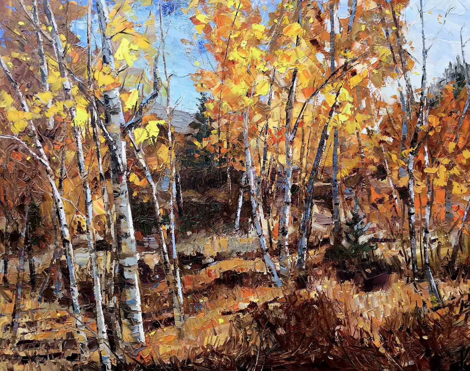 aspen trees changing leaves fall oil painting mountain landscape