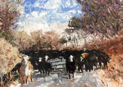 Shelly Wierzba farming fine art painting of cattle titled On The Move